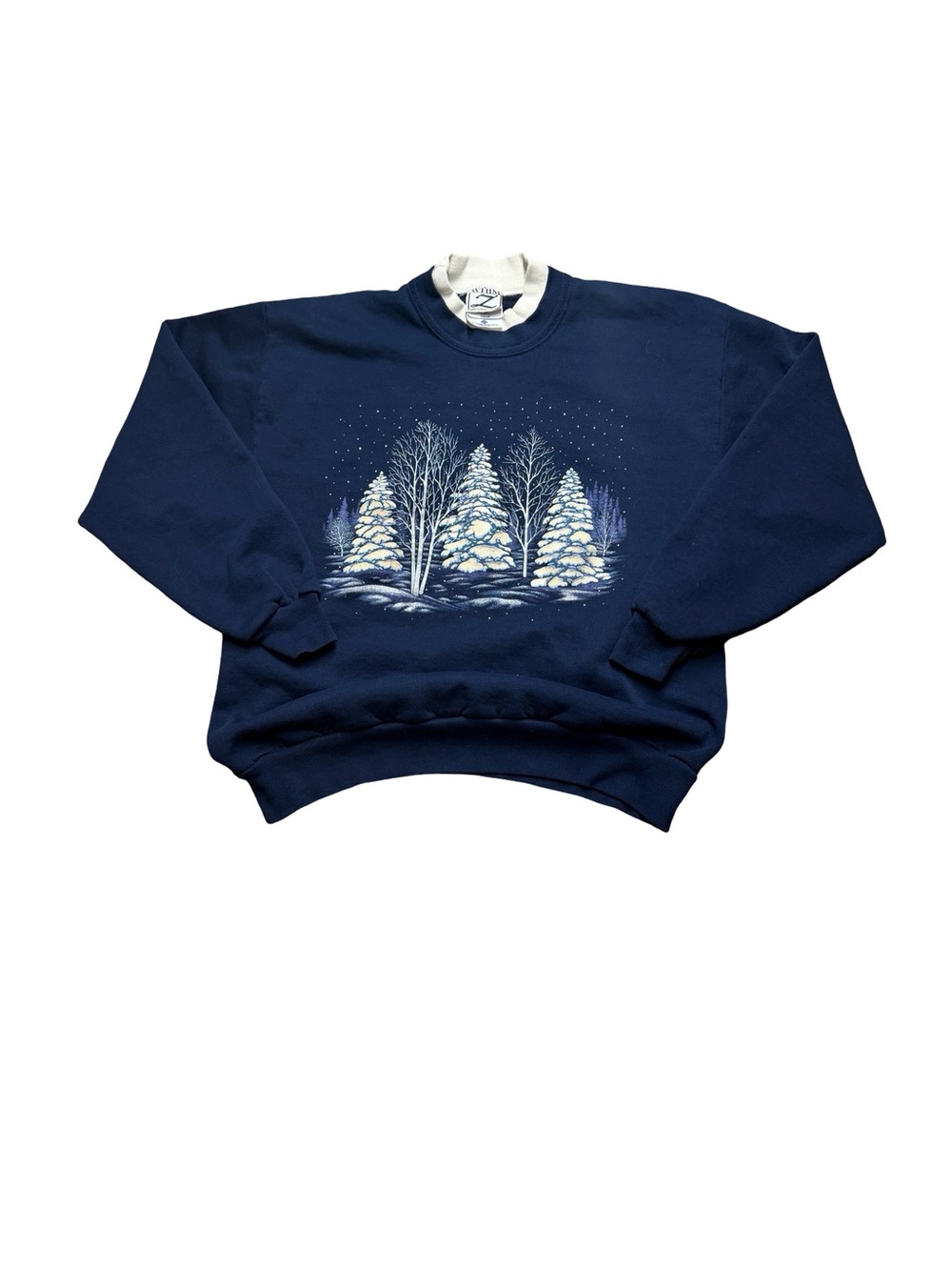 Vintage Jerzees Navy Sweatshirt with Snowy Tree Graphic